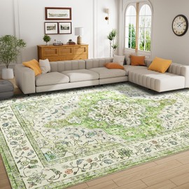 Topllen Washable Area Rug - Area Rug 8'x10' Boho Soft Living Room Rug, Non-Slip Large Area Rugs Indoor for Dining Room Livingroom Bedroom, Vintage Rug (Green, 8x10ft)