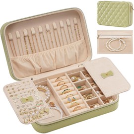Lolalet Travel Jewelry Case for Women Girls -Medium, Green | Jewelry Box Organizer for Travel Essentials, Mirror & Clear Storage Bag, Earring Necklace