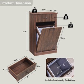 IFBUY Modern Tilt Out Laundry Hamper Cabinet, 10 Gallon Fluted Trash Can Cabinet with Drawer, Wooden Hidden Garbage Can Cabinet with Laundry Basket, Free Standing for Bathroom and Kitchen, Brown