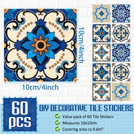 Honoson 60 Pack Colorful Talavera Tile 4x4 Inch Handpainted 10 Designs Peel and Stick Wall Tile Decor Bathroom Kitchen Wall Sticker Waterproof PVC Decoration Stickers - 2D Retro Sticker(Classic)