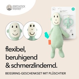 Matchstick Monkey Gift Set - Teether & Plush Toy - Baby Teething Aid with Soft Nubs - Cuddly Toy with Teething Application - BPA Free & Soft Cotton - from 3 Months (Monkey Mint Green)