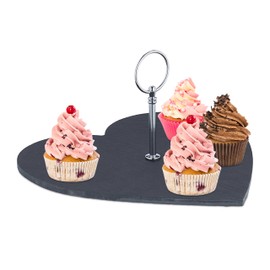 Relaxdays Slate Plate Heart Shape Serving Plate with Handle 25 x 25 cm for Serving Cheese Sushi Dessert Black