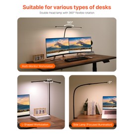 VEVOR LED Desk Lamp with Clamp, Double Head Architect Desk Lamp for Home Office, Eye-Caring Desk Light with 360° Adjustable Gooseneck, 50 Lighting Modes & Timer Function for Studying Working Drawing