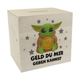 Baby Alien Wooden Money Box with Saying Geld du Mir geben Kannst EIN Funny Piggy Bank for Science Fiction Fans Alien Baby Cute Money Box Children Nursery Decoration