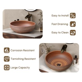 COGITIL Vessel Sink, 15.7" Bathroom Sink for Retro Style Countertop Washbasin, Handmade Patterned Elegant Ceramic Round Bowl Sink for Modern and Classic Bathrooms Without Overflow