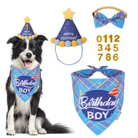 ADOGGYGO Dog Birthday Party Supplies, Birthday Boy Dog Bandanas, Blue Dog Birthday Hat with Numbers, Pet Birthday Bandana Hat Set for Medium Large Dogs Pets (Blue, Large)