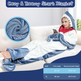 Shark Blanket Hoodie Onesie for Men & Women, Upgraded Zipper Design, Arms & Feet Openings for Easy Walk-in, Soft Cozy Flannel Sleeping Bag, Funny Cosplay Shark Costume, L Size for 63-67 In, Oversized
