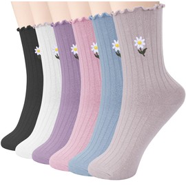 6 Pairs Womens Ruffle Socks, Cute Frilly Cotton Socks for Women Turn-Cuff Casual Crew Sock, Z-Purple Classic Daisy