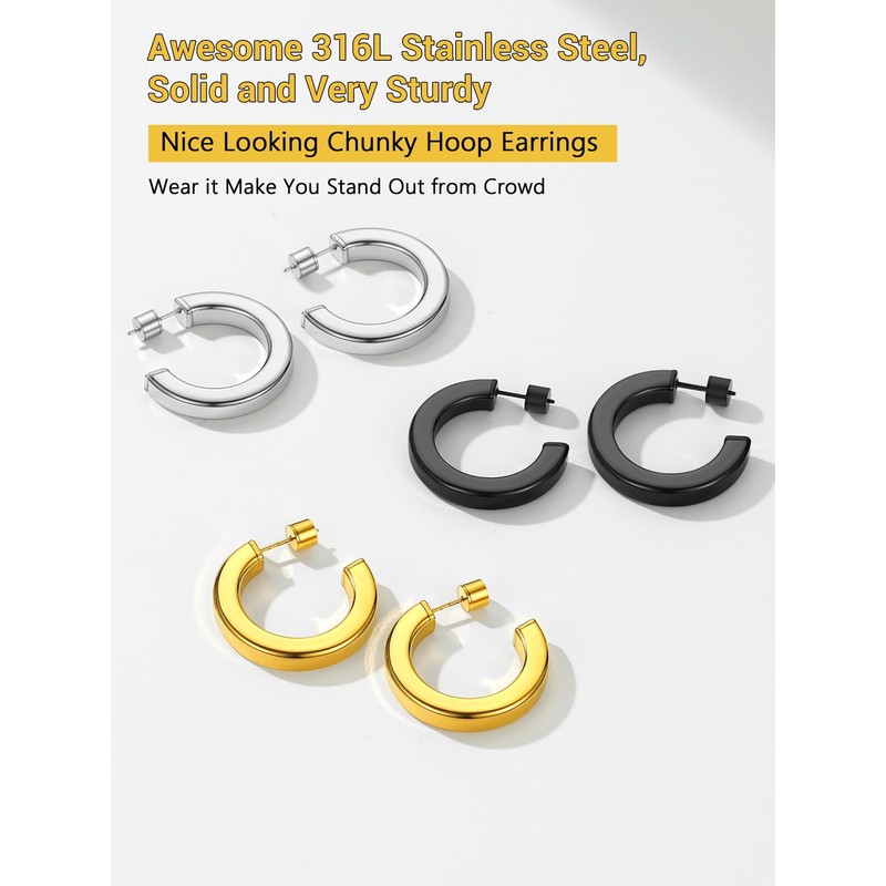 Open Hoop Earrings for Women Thick Chunky Hypoallergenic 30MM Silver