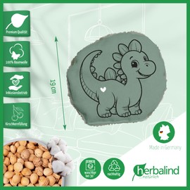 Herbalind DINO Waschbares Kirschkernkissen für Kinder und Babys - 100% Baumwolle Plüsch Wärmekissen, Wärmekuscheltier Flauschiges wärmendes Stofftier 19x19 cm als Wärmflasche mit Kirschkernen