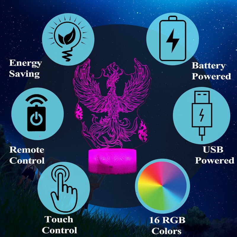 POSSHE Phoenix Night Light, Phoenix 3D Illusion Lamp, Phoenix Stuff