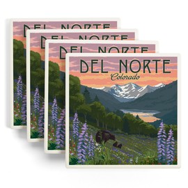 Del Norte, Colorado, Bear and Spring Flowers (Absorbent Ceramic Coasters Set of 4 Matching Images, Cork Back, Kitchen Table Decor)