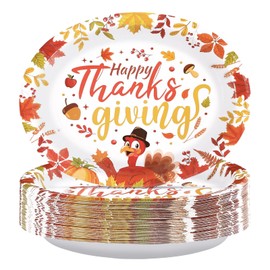 Grencian 50Pcs Autumn Oval Paper Plates 10" x 12" Large Disposable Heavy Duty Happy Thanksgiving Platter Fall Leaves Turkey Dessert Plate for Holiday Birthday Harvest Dinner Party Supplies