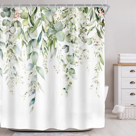 Riyidecor Sage Green Eucalyptus Leaves Shower Curtain for Bathroom Decor 60Wx72H Leaf Plants Botanical Spring Natural Floral Watercolor Art Printed Fabric Polyester Waterproof