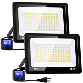 2 Pack 100W Led Flood Lights Outdoor, 12000LM Super Bright Floodlight Backyard Security Lights with 5FT Plug, IP66 Waterproof Work Light, 5000K Daylight White Flood Outdoor Lights for House, Patio