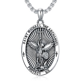 CEKAMA 925 Sterling Silver St Michael Necklace for Men Women Police Saint Michaels Pendant with Chain the Archangel Oval Medal Catholic Jewelry Gift