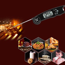 AIKIDS Digital Meat Food Thermometer - Waterproof Instant Read Kitchen Thermometer with Backlight and Hold Record, with Magnet and Corkscrew for Cooking Deep Frying Grilling BBQ Liquids （Black）