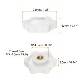 HARFINGTON 12pcs Star Knobs M5 Female Thread 32mm 6-Point Plastic Head Brass Insert Through Hole Screw-in Threaded Hand Knob Clamping Handle, White