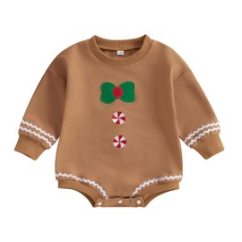 Baby Christmas Outfit Girl Boy Crewneck Sweatshirt Bubble Romper Sweater Jumpsuit Cute Fall Winter Clothes (Brown Candy, 0-3 Months)