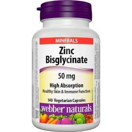Webber Naturals Zinc Bisglycinate, 50 mg, 140 Capsules, High Absorption, Supports Healthy Skin and Immune Function, Stomach-Friendly, Vegan