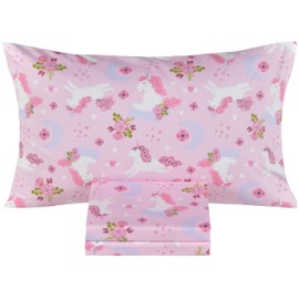 Scientific Sleep Unicorn Pink Flower Horse 100% Cotton Cozy Fun Twin Bed Sheet Set, Flat Sheet & Fitted Sheet & Pillowcase Kids Girls Bedding Set for Kids Boys Girls