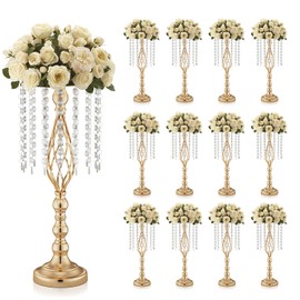 Aurabee 12 Pcs 21.7 Inch Tall Gold Centerpieces For Table Wedding-Metal Flower Gold Vases For Centerpieces For Wedding Reception With Crystal Fringe-Flower Stand For Wedding, Birthday(Centros De Mesa)