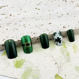 24Pcs St.Patrick's Fake Nails Dark Green Press on Nails Short Square False Nails with Shamrock Design Green Glitter Acrylic Nails Stick on Nails for Women Girls St.Patrick's Day Party Parade Nail Art