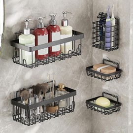 LeapBeast Shower Shelf No Drilling 5 Pieces, Shower Shelf No Drilling with Soap Holder, Shower Shelf, Bathroom Shelf, No Drilling, Shampoo and Shower Gel, for Bathroom, Kitchen and Living Room (Black