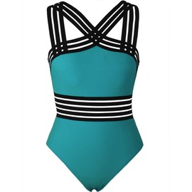 Hilor Traje de baño de una Pieza para Mujer, Cruzado, Traje de baño Hueco, Monokinis, Azul pájaro, 8-10