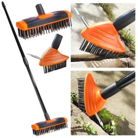 3 in 1 Patio Cleaning & Weeding Brush - Telescopic Outdoor Garden Twin Head Cleaning Tool with Steel Bristle Brush Head & Paving Brush/Spike - Remove Dirt Moss & Weeds from Decking, Driveway & Paving