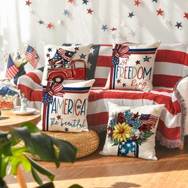 AVOIN colorlife America The Beautiful Let Freedom Ring Throw Pillow Covers, 18 x 18 Inch Freedom 4th of July Independence Memorial Day Patriotic Cushion Case for Sofa Couch Set of 4