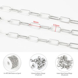 KYUNHOO Silver Jewelry Making Chain Roll Stainless Steel Paperclip Chains Bulk 5 Meters Long Craft Chain with Lobster Clasps Jump Rings for Men Women DIY Jewelry Supplies