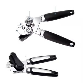 Manual Can Opener with Ergonomic Handles, Stainless Steel, Black and White