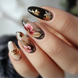 Medium Press on Nails Almond Fake Nails with Floral Designs Fall Winter Nails Press ons Glossy Nails Press ons Black Brown Acrylic Nails Cute False Nails Artificial Stick on Nails for Women 24Pcs