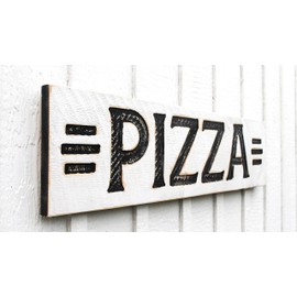 Pizza Sign - Carved in a 40"x10" Solid Wood Board Rustic Distressed Farmhouse Style Restaurant Kitchen Wooden Gift
