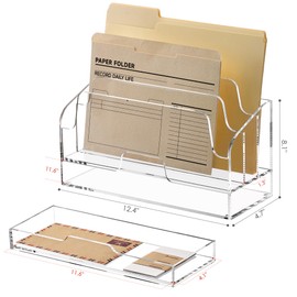 SANRUI Clear Desk Organizer Holder with Drawers, Acrylic Desktop Manila folders File Mail Sorter Box, Office Desk Accessories & Workspace Envelope Bill Letter Organization Racks, 3 Compartments