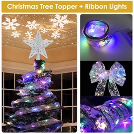 Christmas Tree Star Topper Illuminated with Rotating LED Snowflake Projector, 3D Silver Glitter Hollow Star Tree Topper, Star Night Light for Christmas Tree Decoration, Silver Star Tree Topper