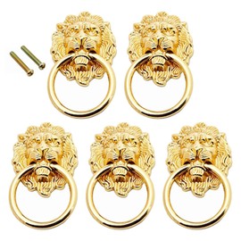 Mgoodoo Knobs Lion Head Front Door Knockers Home Garden Door Knocker Gold Drawer Knob Handle Lion Pull Ring 90x50mm Large Gold 5Pcs