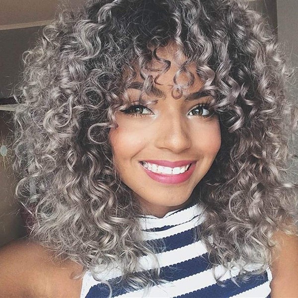 WS707 Curly Hair for Black Women Black Afro Wig Heat Resistant Fiber Synthetic Hairstyle Short Curly Black 15" 220g (Gray)