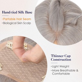 Elailite Human Hair Toppers for Women Real Human Hair Thinning Thin 9 * 12CM Silk Base Clip in Remy Hairpieces Hand-Tied 12 Inch Silver Grey