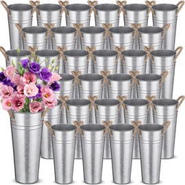 Bokon 32 Pack 9 Inch Galvanized Metal Vases Bulk Farmhouse Flower Vases Vintage French Floral Bucket with Handles Rustic Tall Metal Planter Buckets for Wedding Table Centerpiece Decorations DIY Craft