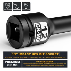 KIRXST 1/2 Inch Drive Impact Allen Bit, H12 (12 mm) Impact Hex Bit Insert, Cr-Mo Steel, for Torque Wrench, Drill Set, Ratchet