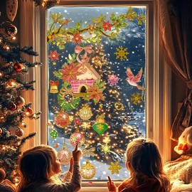 Christmas Window Clings Pastel Floral Branch Birdhouse Baubles Gold Snowflakes Static Stickers for Home Store Kids Rooms Hotel Holiday Decorations (35.43inch * 11.81inch)