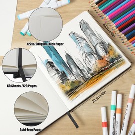 Sketchbook, 20 x 20 cm, sketchbook, sketch paper for drawing, colouring pad, 200 g/m², black drawing pad for students, artists, painting enthusiasts (60 sheets/120 pages)