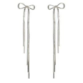Sonateomber Silver Bow Long Chain Bar Drop Dangle Tassel Earrings for Women – Elegant Whit Gold Plated Metal Fringe Earings Dangling Statement Wedding Bridal Prom Jewelry Gifts