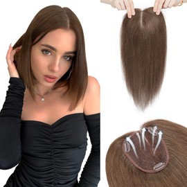 Hairro 100% Human Hair Topper without Bangs Middle Part/Side Part, Real Clip in Hair Hairpieces for Women, 3.94"x4.72" Silk Base for Thinning Hair/Hair Loss/High Hairline