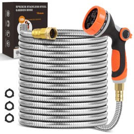 SPRIKIR Metal Garden Hose 100 ft, Stainless Steel Water Hose 100ft with 10 Function Nozzle & 3/4 Copper Fitting, Heavy Duty & Flexible, Kink Free & Lightweight for Yard, Outdoor, Lawn, Patio & Car