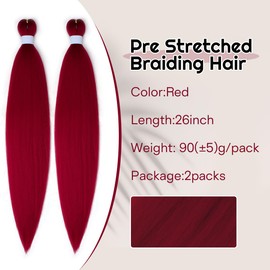 Lounoke red Braiding Hair Pre Stretched, Synthetic red Hair Extensions Feed in Hair for Braids for Twist (26 Inch)