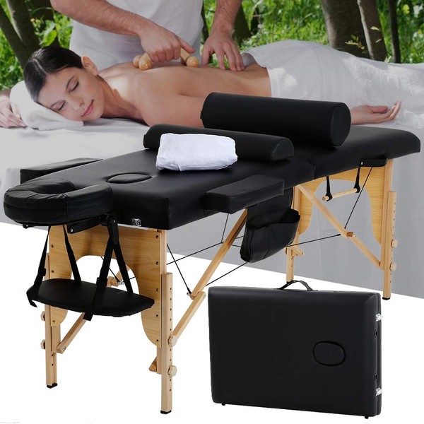 Dkeli Massage Table Spa Bed Massage Bed Portable 73 Inch Height Adjustable Facial Bed w/Carry Case 2 Fold PU Leather Tattoo Salon Table Bed w/Sheet Cradle Cover 2 Bolster Hanger Facial, Black