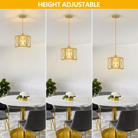 XSDeTu 2 Pack Gold Pendant Lights, Modern Farmhouse Hanging Light Fixture with Hexagonal Cage, Vintage Brass Metal Ceiling Lights, Adjustable Lantern Pendant Lighting for Kitchen Island Sink Hallway